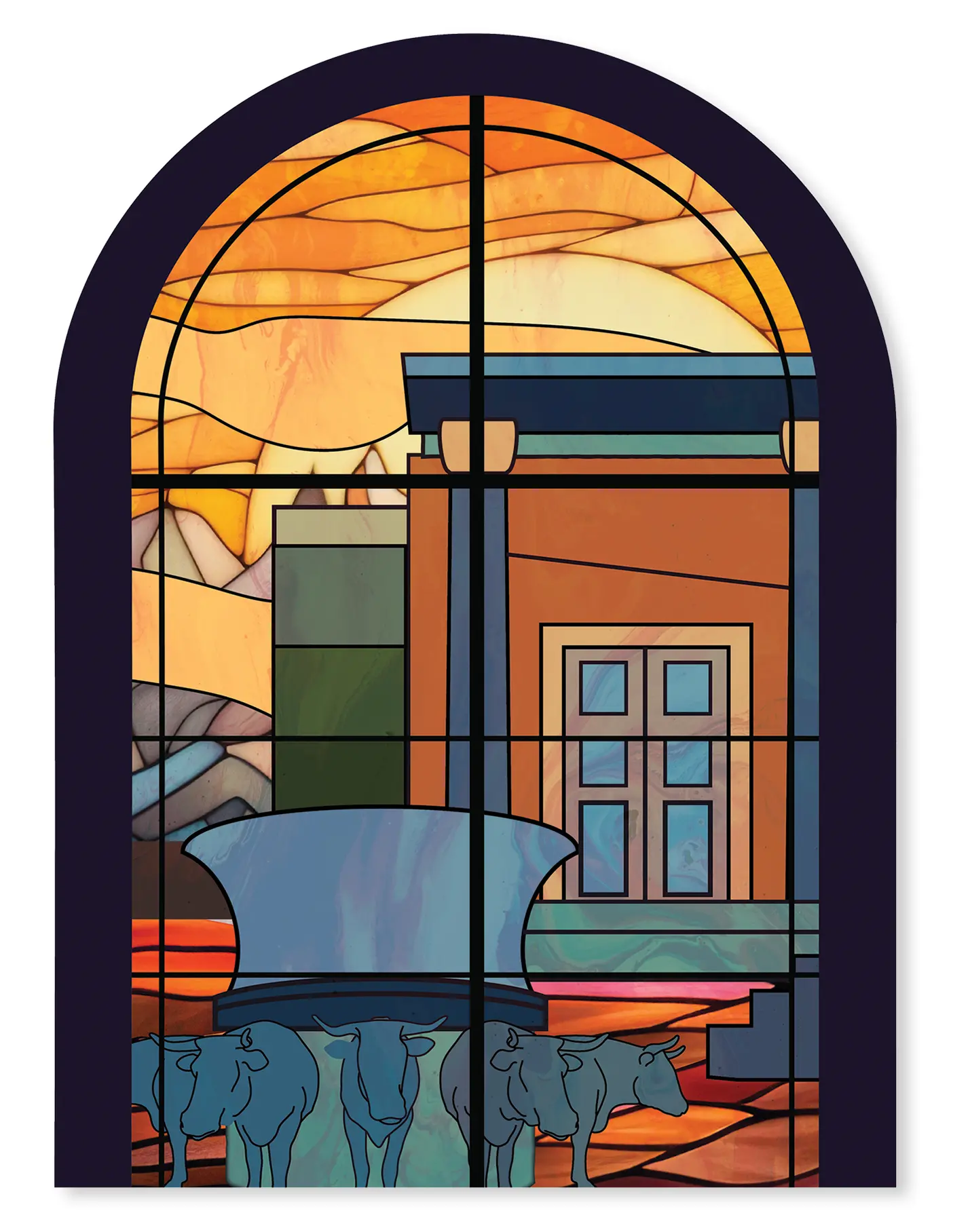 Stained glass window with a baptismal font and temple doors.