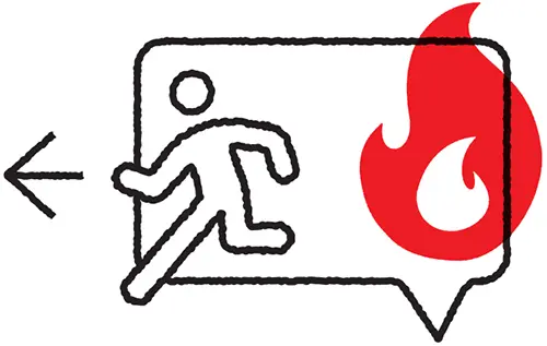 Illustration of a speech bubble with a fire symbol and a human figure escaping.