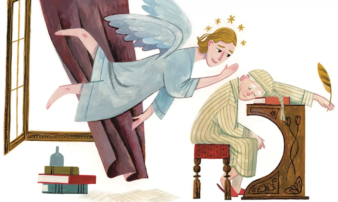 An angel taps on the back of a man in pajamas sleeping at a desk in front of an open window.
