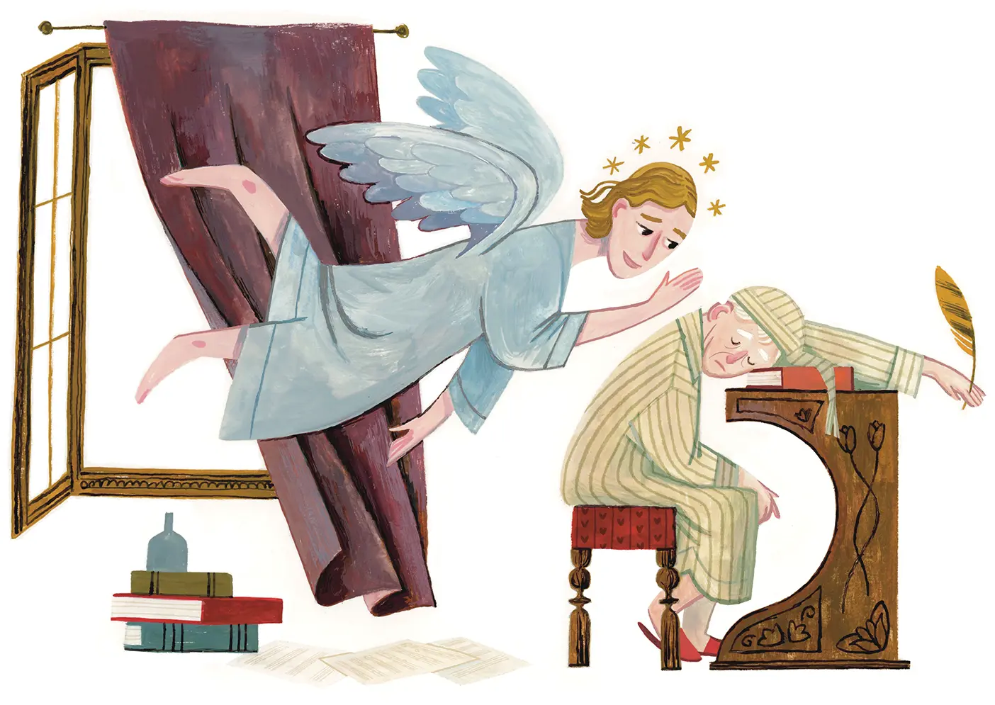 An angel taps on the back of a sleeping man at a desk in front of an open window.