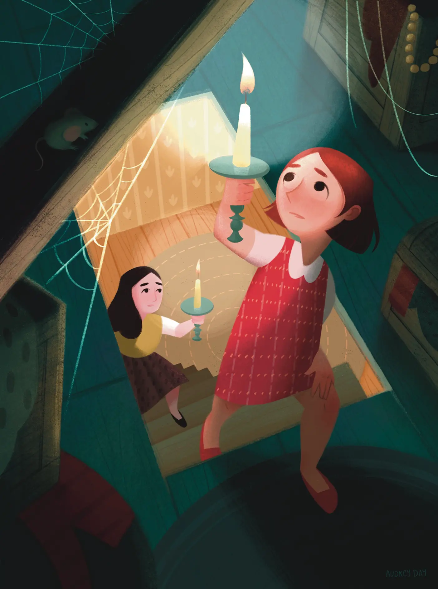 Two young girls walk upstairs into a dark attic while holding candles.