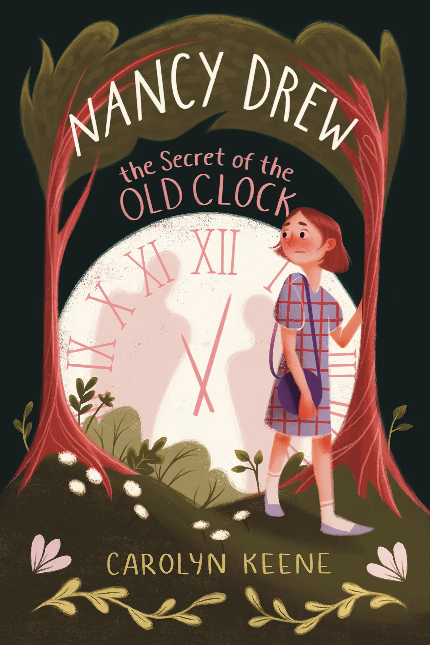 A girl stands in front of a large clock framed by two trees with the words "Nancy Drew: The Secret of the Old Clock."