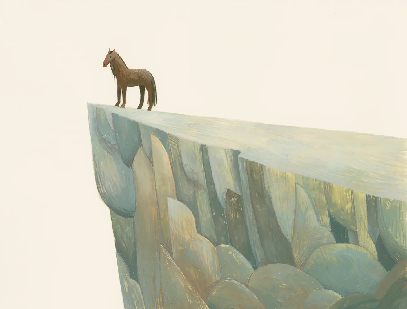 A brown horse stands at the edge of a cliff.