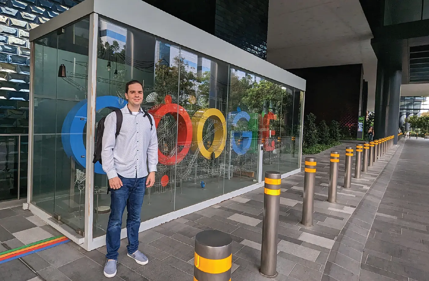 BYU grad Bruno Barreto stands in front of the Google offices in Austin, Texas.
