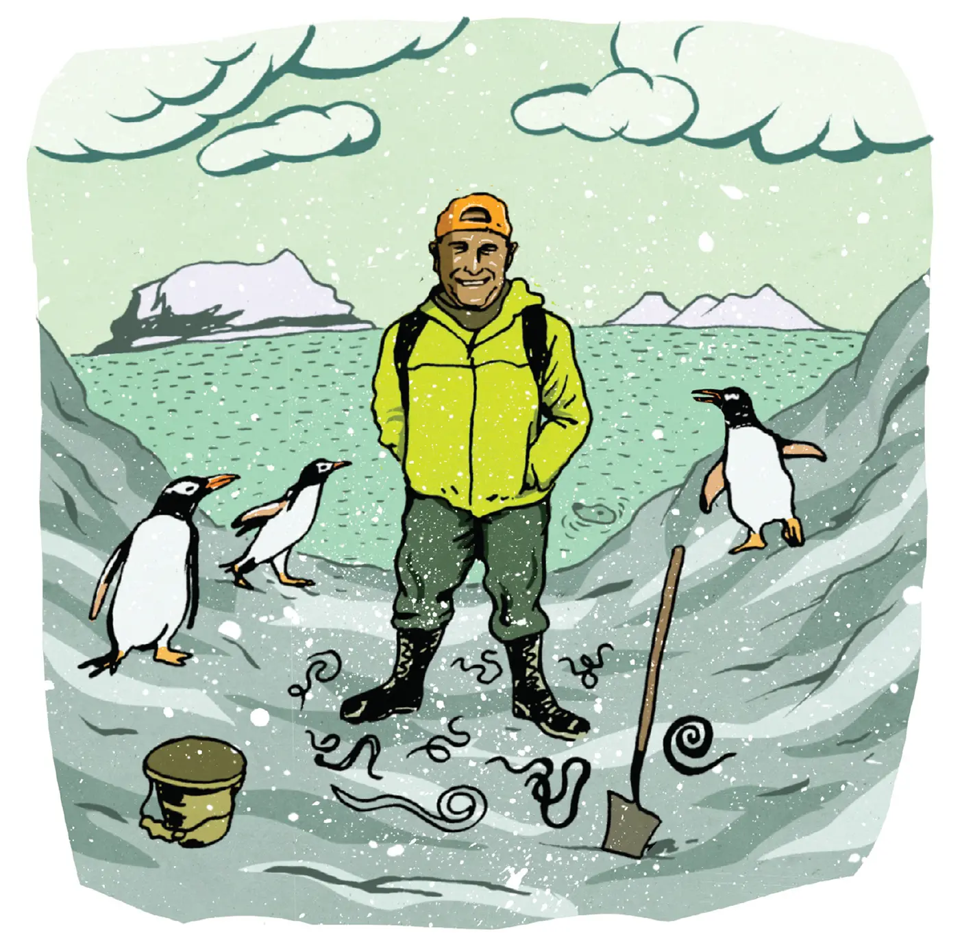 Illustration of BYU biologist Byron Adams in Antarctica with penguins and worms.