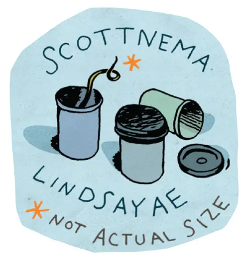Illustration of nematode worm in a container with words "Scottnema lindsayae *not actual size."