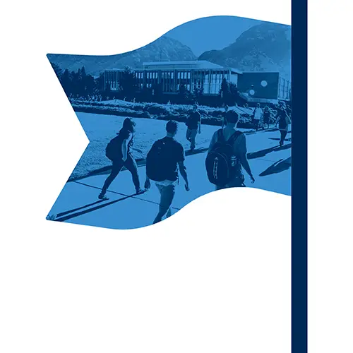 Flag with an image of BYU students on campus.