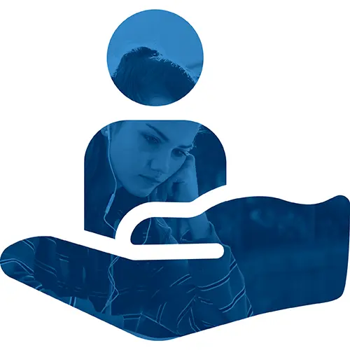 Image of a student. The image is cut out to look like a hand holding a person.