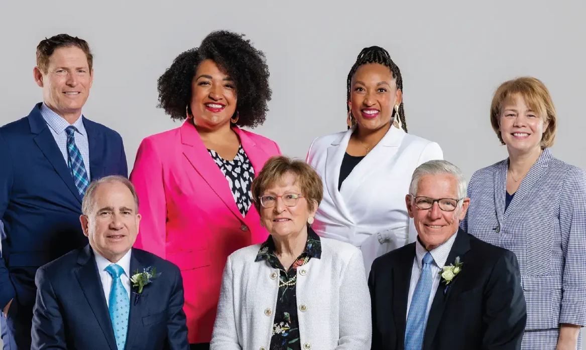 Winners of the BYU Alumni Distinguished Service Awards, clockwise from top left: Steve Young, Alexis-Janique Bradley, Chanté Stutznegger, Sharon Eubank, Steven Wheelwright, Margaret Wheelwright, and Mario Perez.