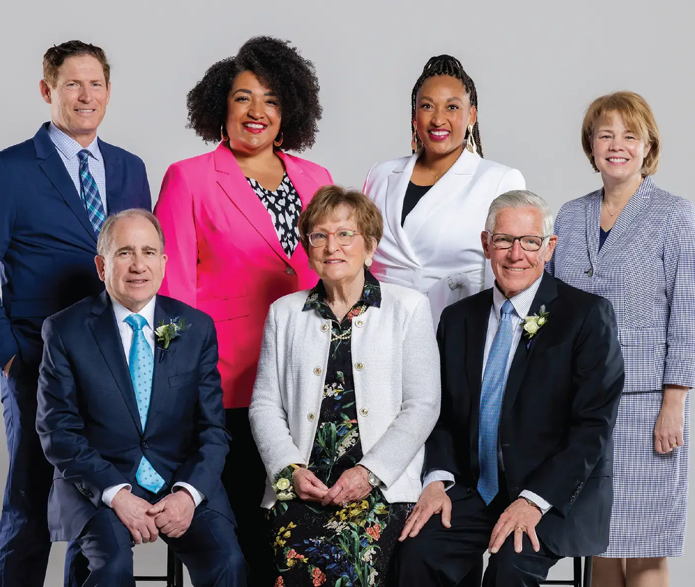 Winners of the BYU Alumni Distinguished Service Awards, clockwise from top left: Steve Young, Alexis-Janique Bradley, Chanté Stutznegger, Sharon Eubank, Steven Wheelwright, Margaret Wheelwright, and Mario Perez.