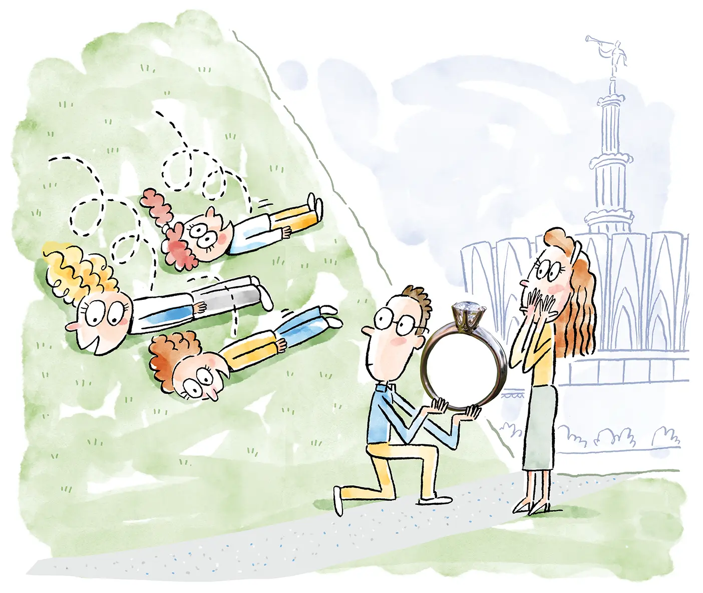 Illustration of three females rolling down a grassy hill toward a man on one knee proposing to his girlfriend at the Provo Temple.