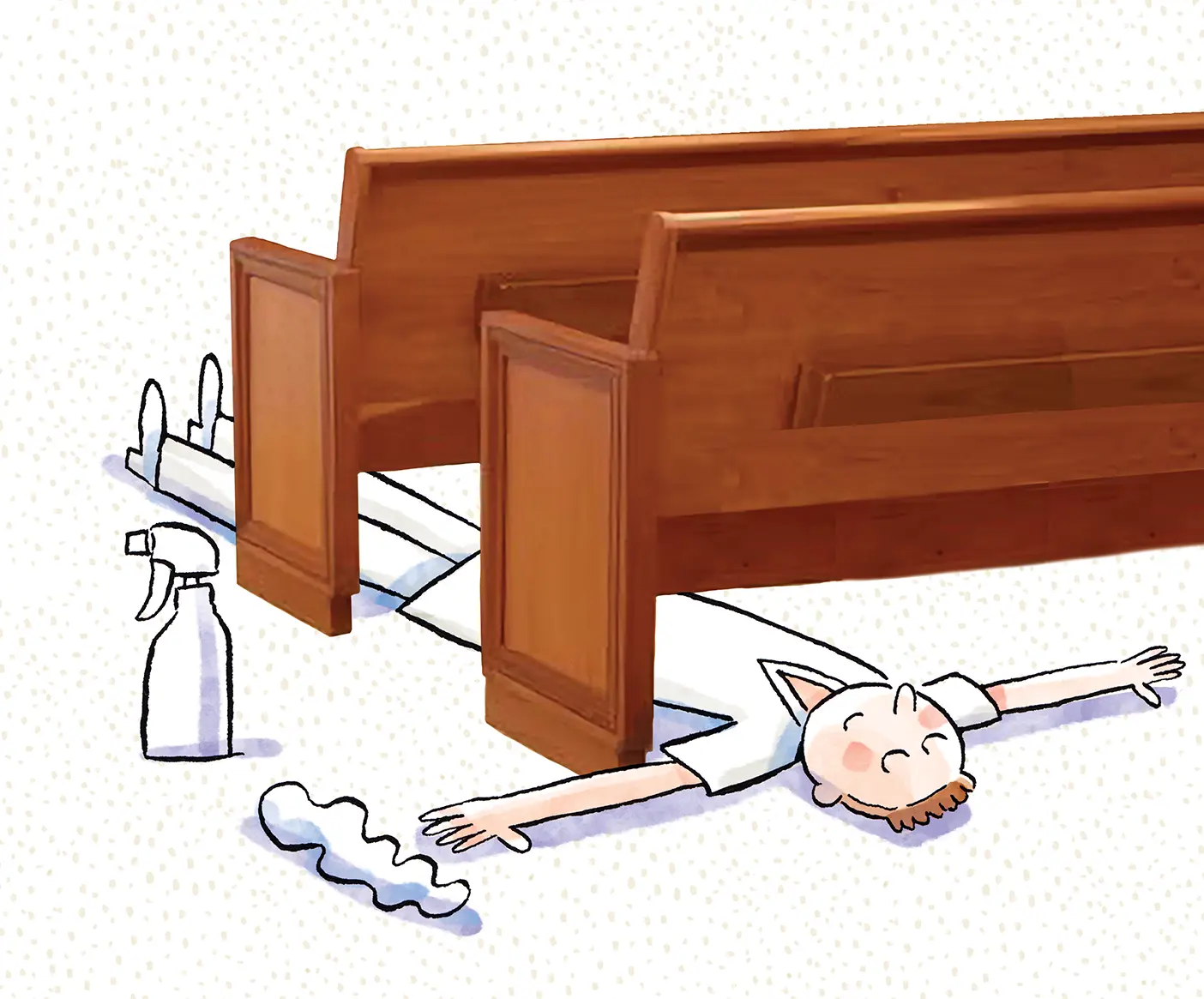 A tall man rests on the floor under some church pews, a spray bottle and cleaning cloth are nearby.