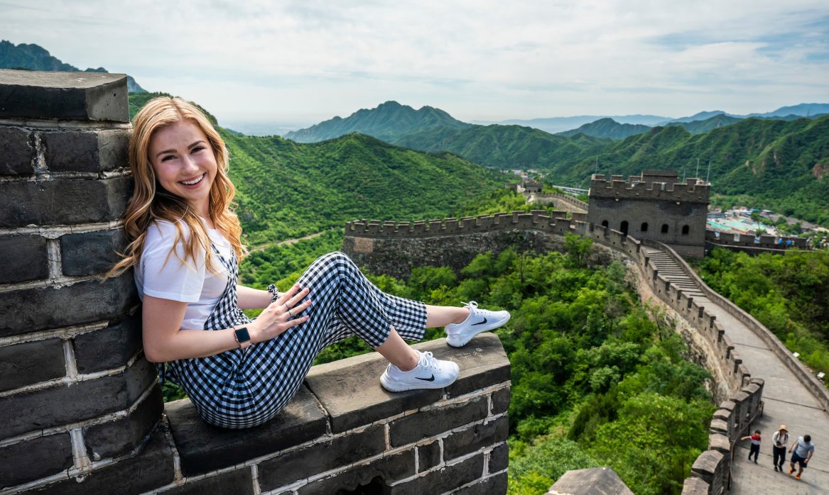 Young Woman on the Great Wall of China as part of BYU Kennedy Center study abroad.