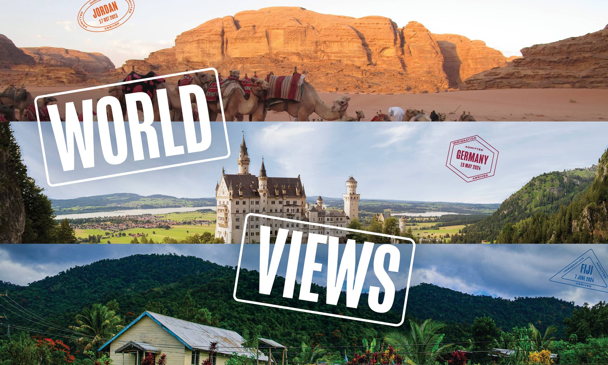 Opening image for the Y Magazine article "World Views." The image combines three images from abroad--from Jordan, Germany, and Fiji.