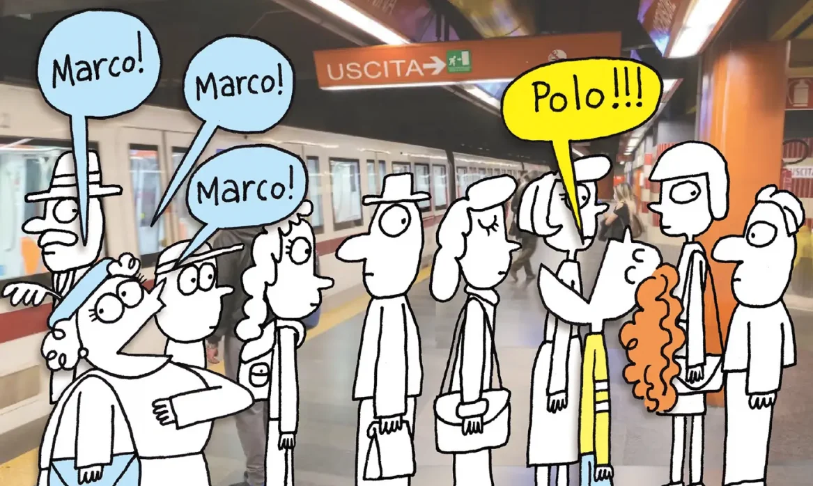 Cartoon illustration of Americans and Italians saying Marco and Polo in a Rome subway