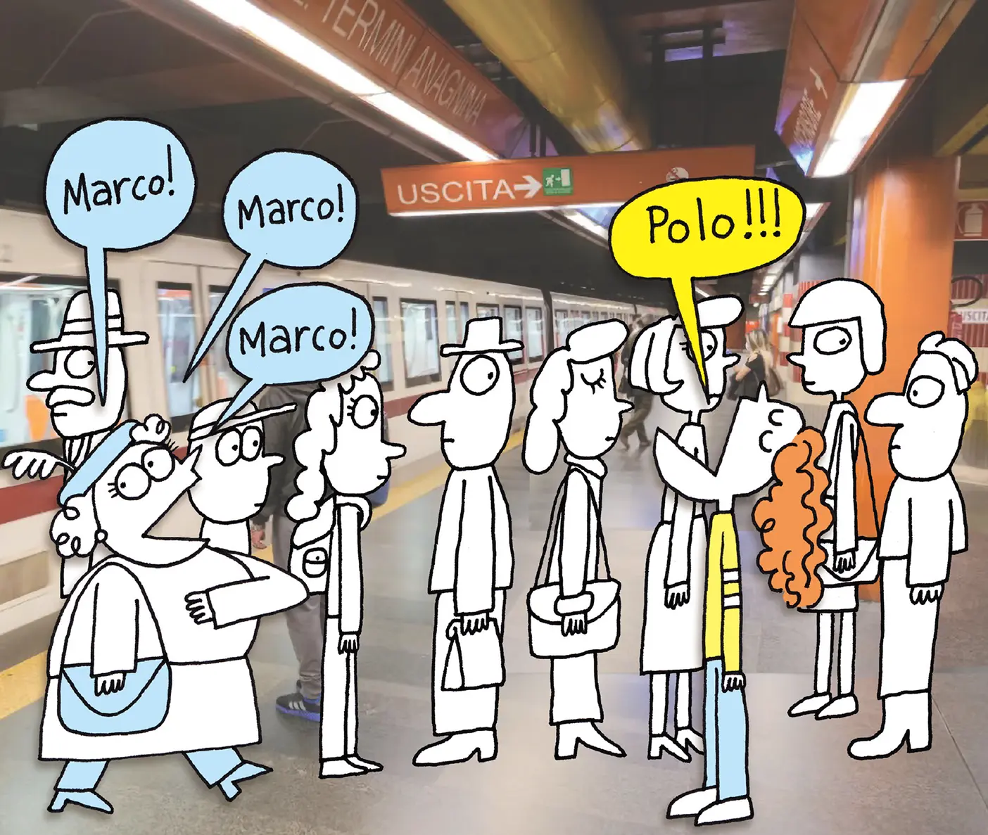 Cartoon illustration of Americans and Italians saying Marco and Polo in a Rome train station