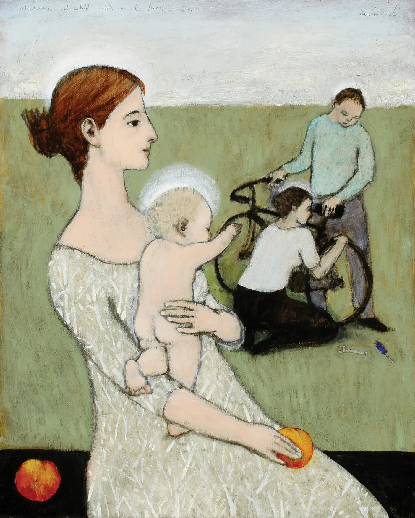 Brian Kershisnik, <i>Madonna and Child with Saints Fixing a Bicycle</i>, oil on panel, 2008, 30 × 24 inches. Courtesy of the artist.