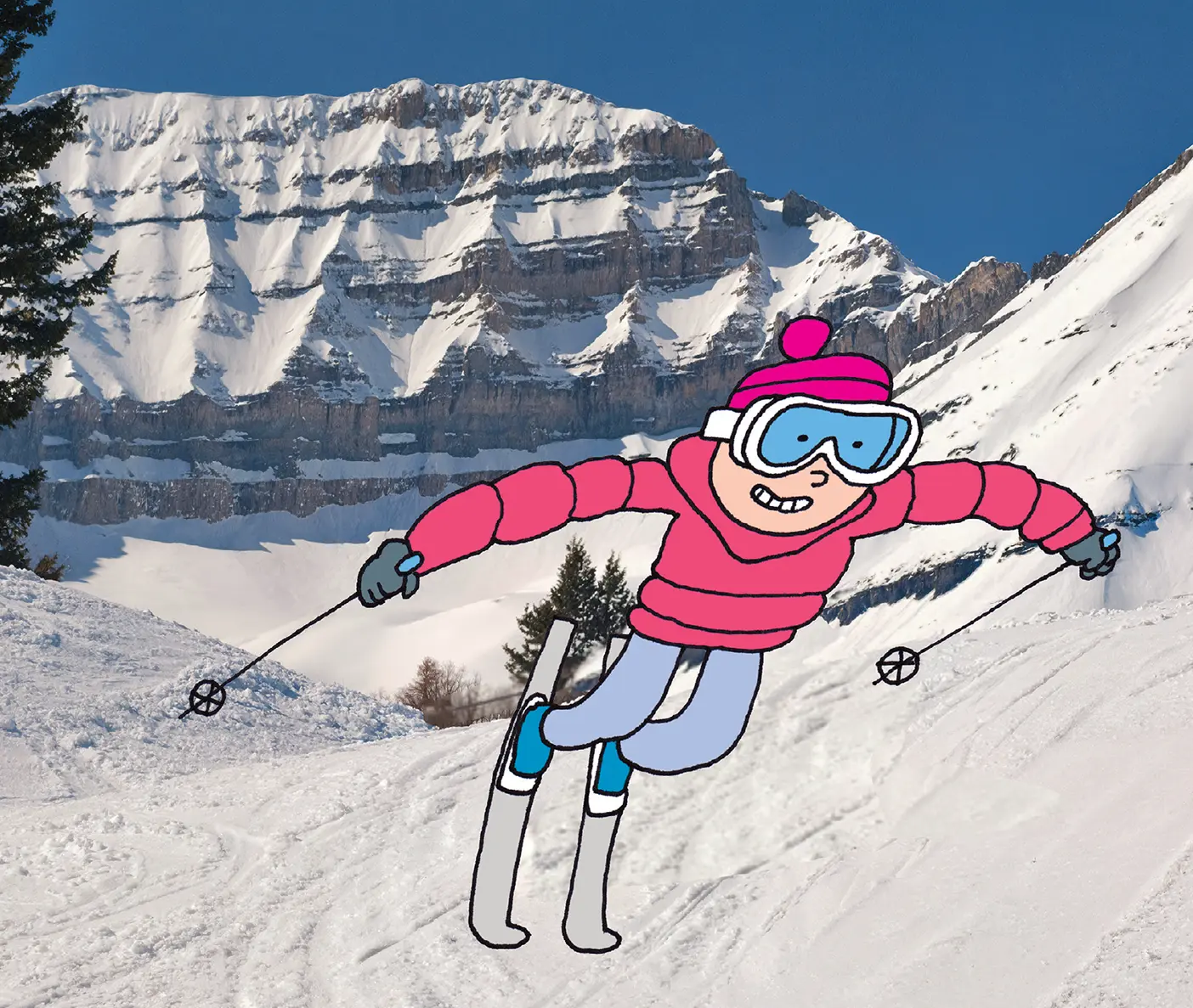 A cartoon skiier in bright pink skis down a realistic snowy mountain.