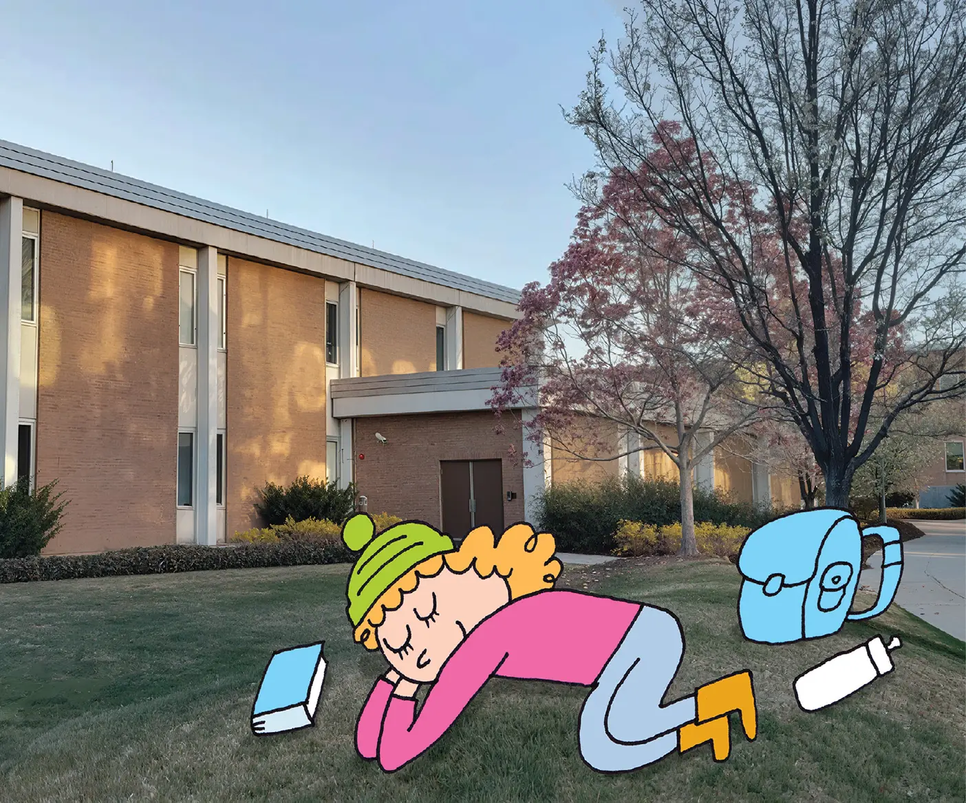 A cartoon young female sleeps in front of a campus building.