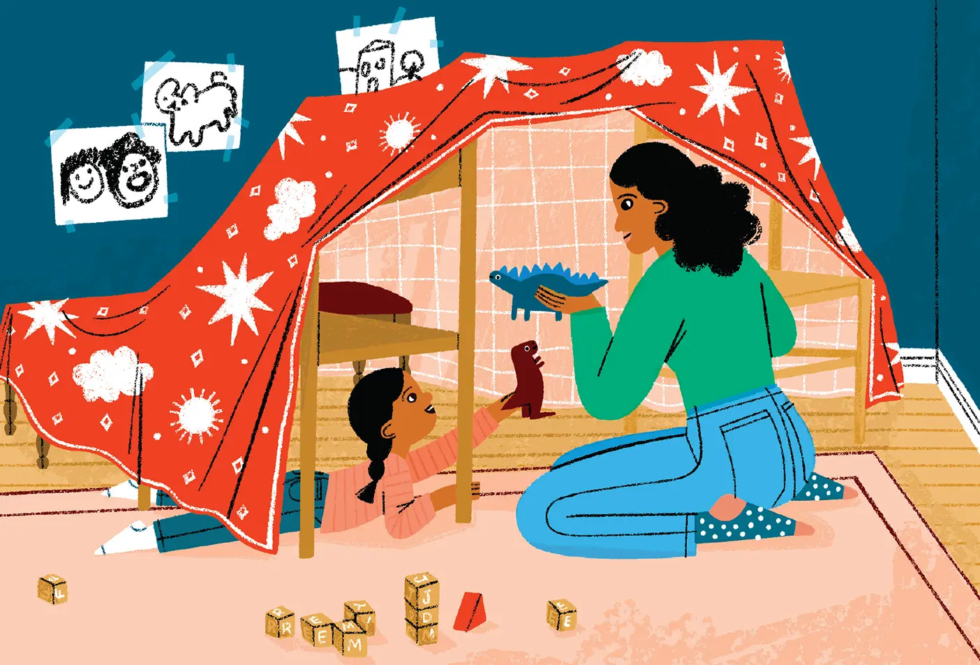 Art of a mother playing in blanket fort with daughter.