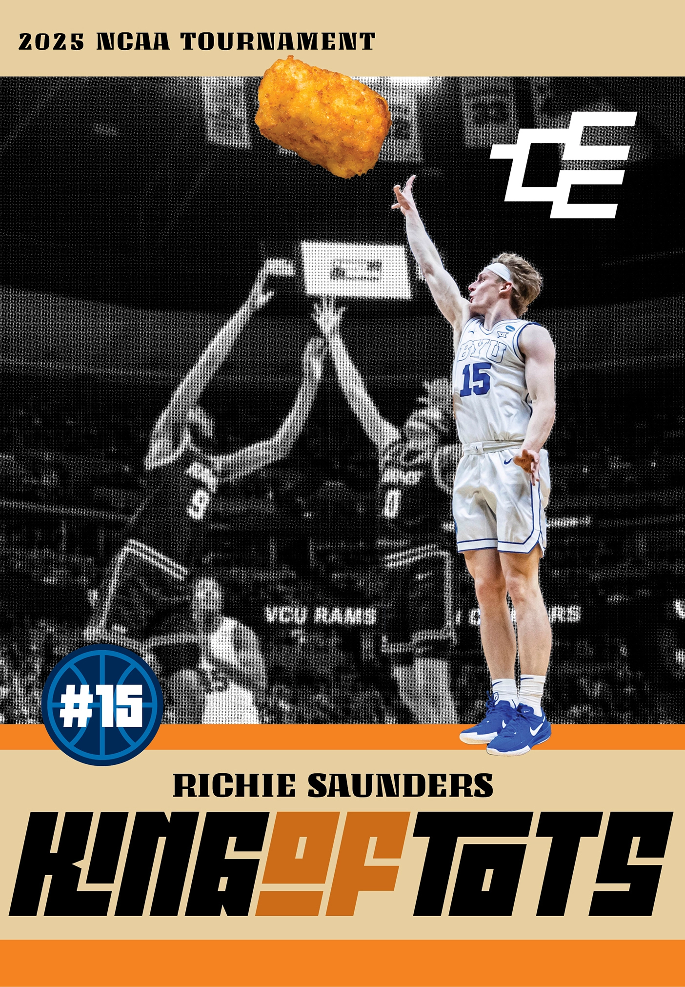 BYU basketball player Richie Saunders shooting a tater tot.