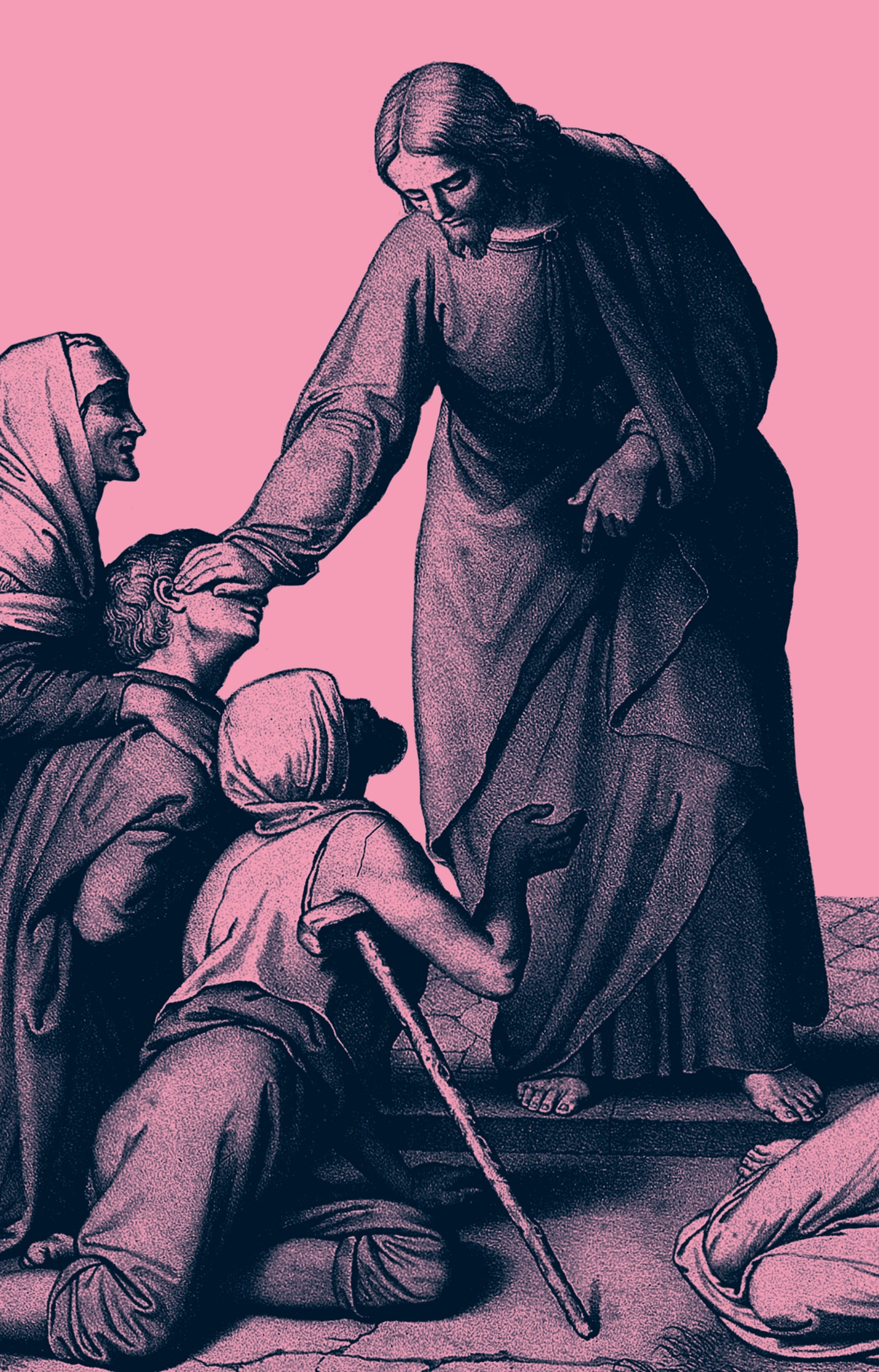 Lithograph of Jesus Christ placing his hand over a blind man's eyes to heal him. Others gather at his feet, including a woman as well as a man with a crutch.