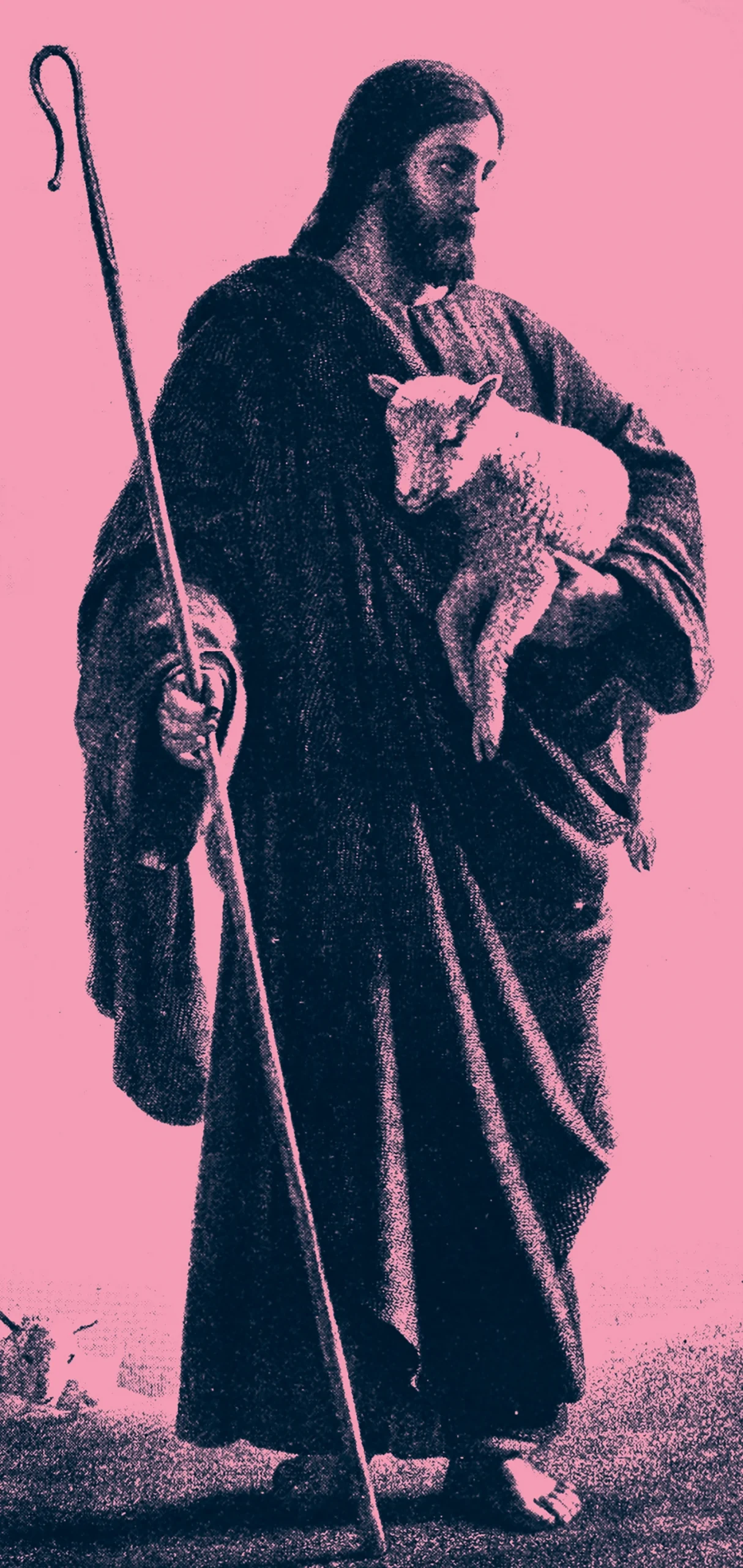 Engraving of Jesus Christ holding a shepherd's crook in one hand and cradling a lamb in the other.