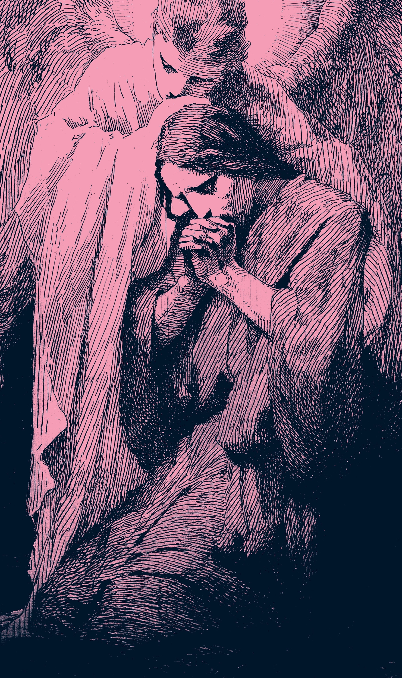 Engraving of Jesus Christ praying as He suffers in the Garden of Gethsemane. A winged angel comforts Christ, resting against the Savior in a gentle embrace.