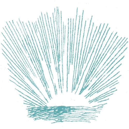 Etching of the sun rising over the horizon.