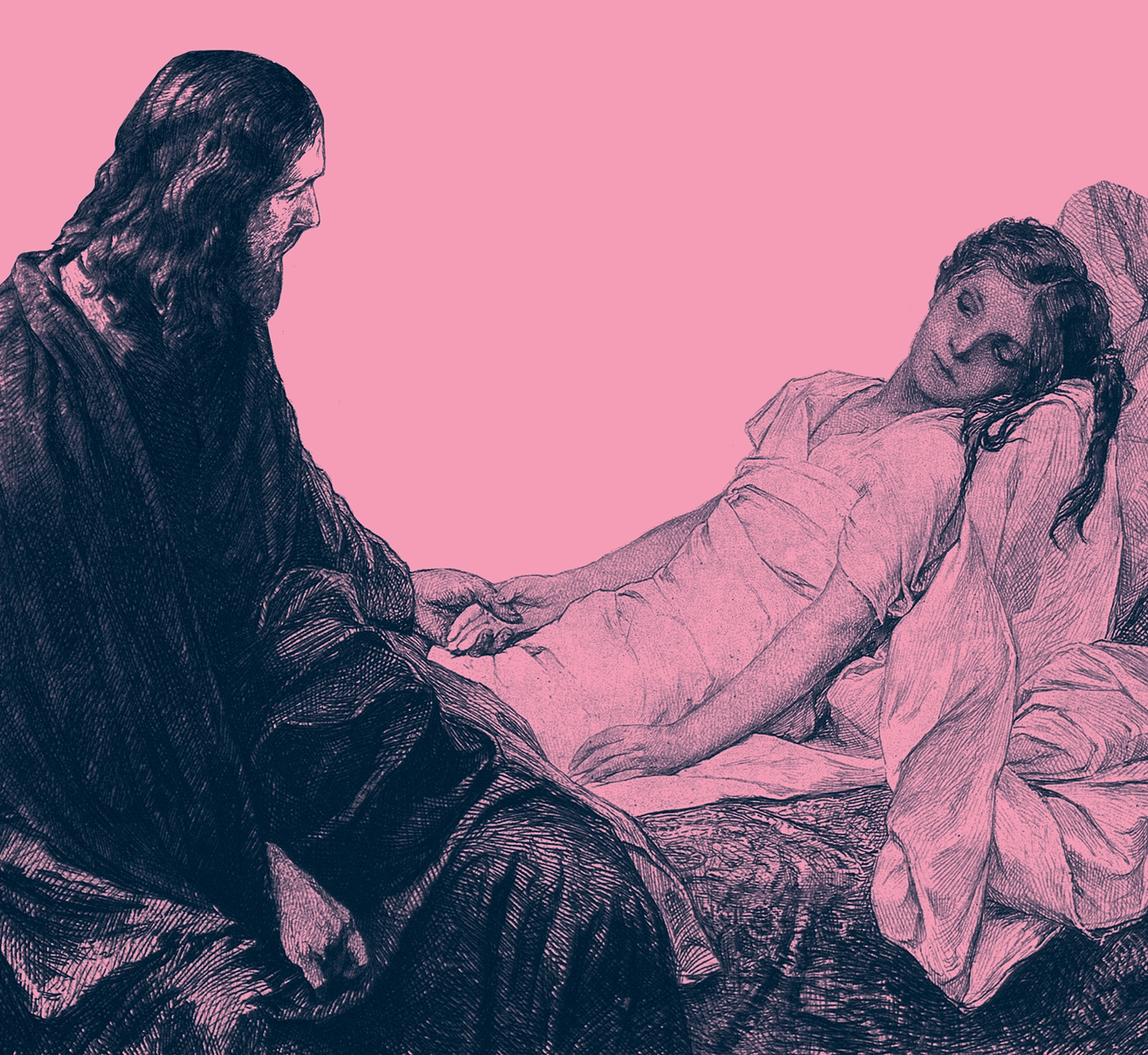 Etching of Jesus Christ sitting at the bedside of the daughter of Jairus, holding her hand. Jairus's daughter had become ill and died while Jesus traveled to the house to heal her.