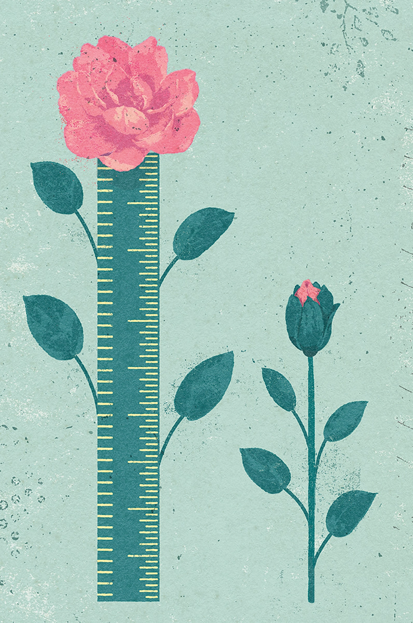 A flower with a ruler stem next to a budding flower to represent toxic perfectionism.