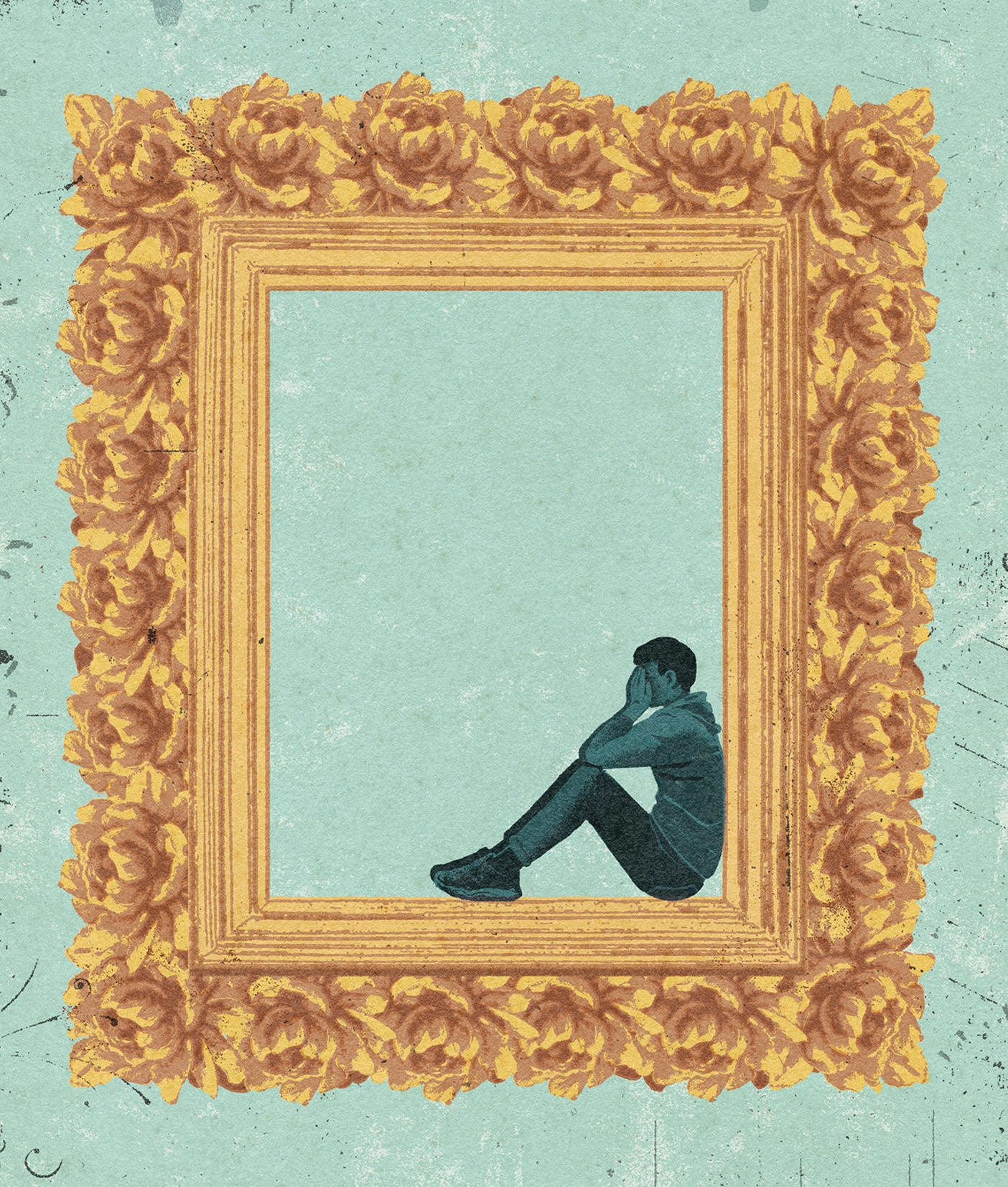 A gold floral frame traps someone struggling with perfectionism.