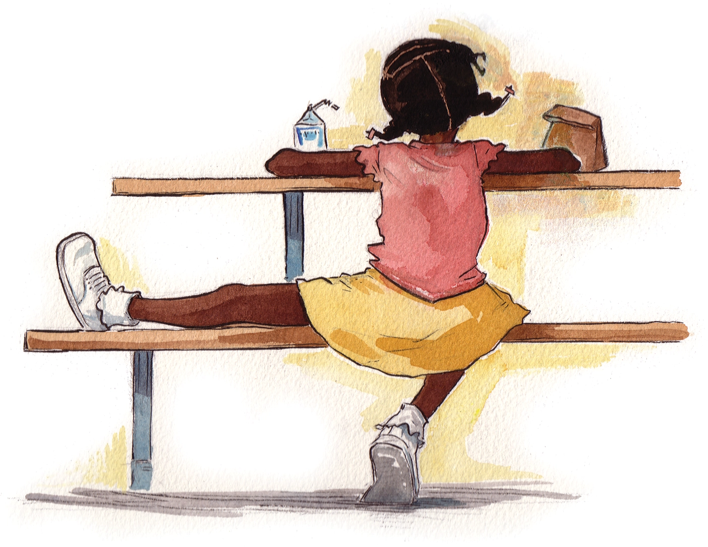 Watercolor and ink illustration of a girl sitting at a picnic table. 