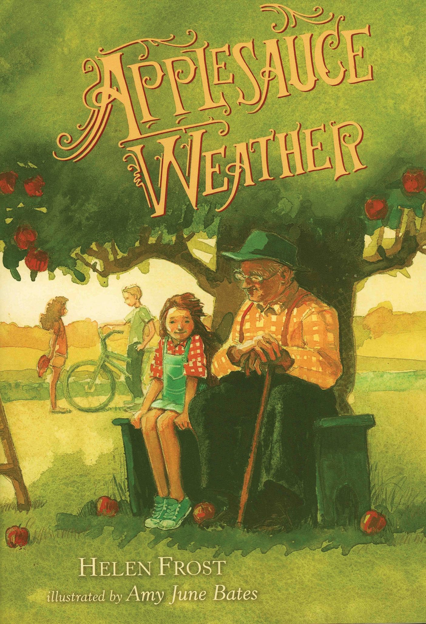 A man and a girl sitting under an apple tree on the "Applesauce Weather" book cover.