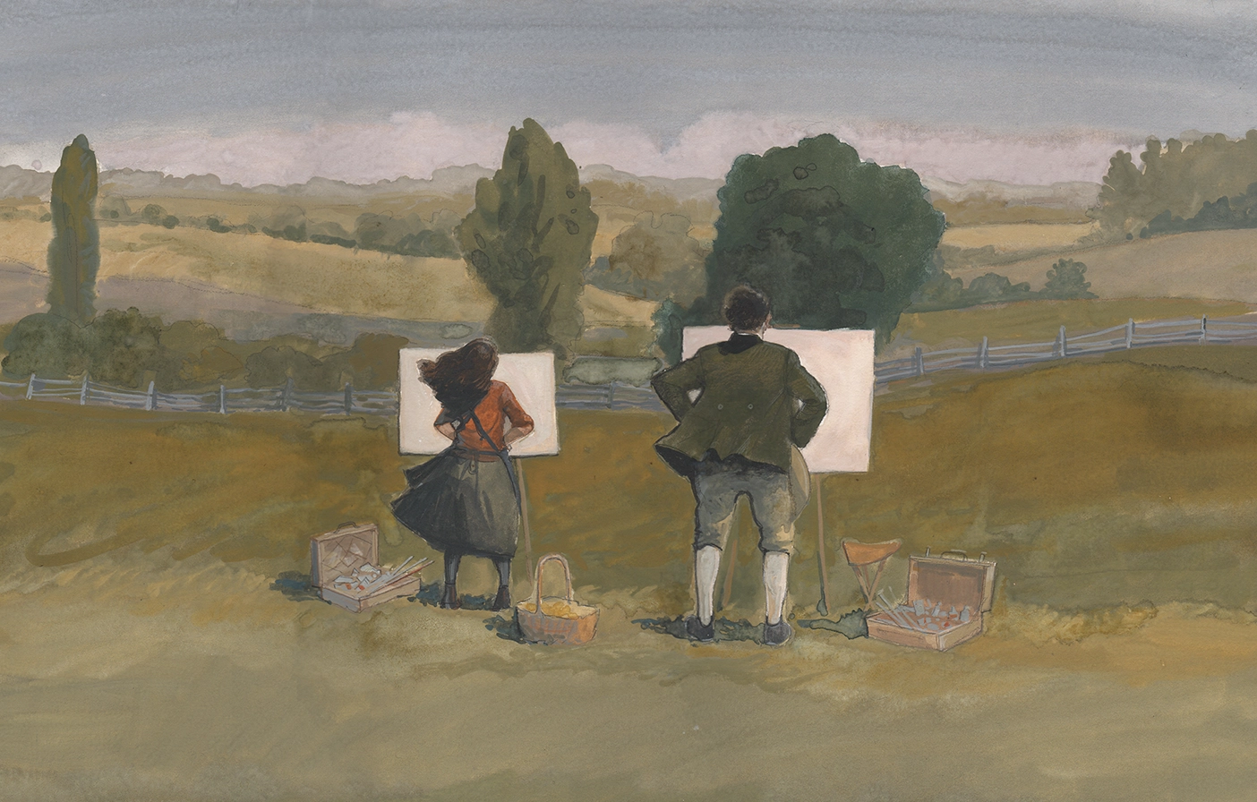 A painting of two people painting in front of a rural landscape.
