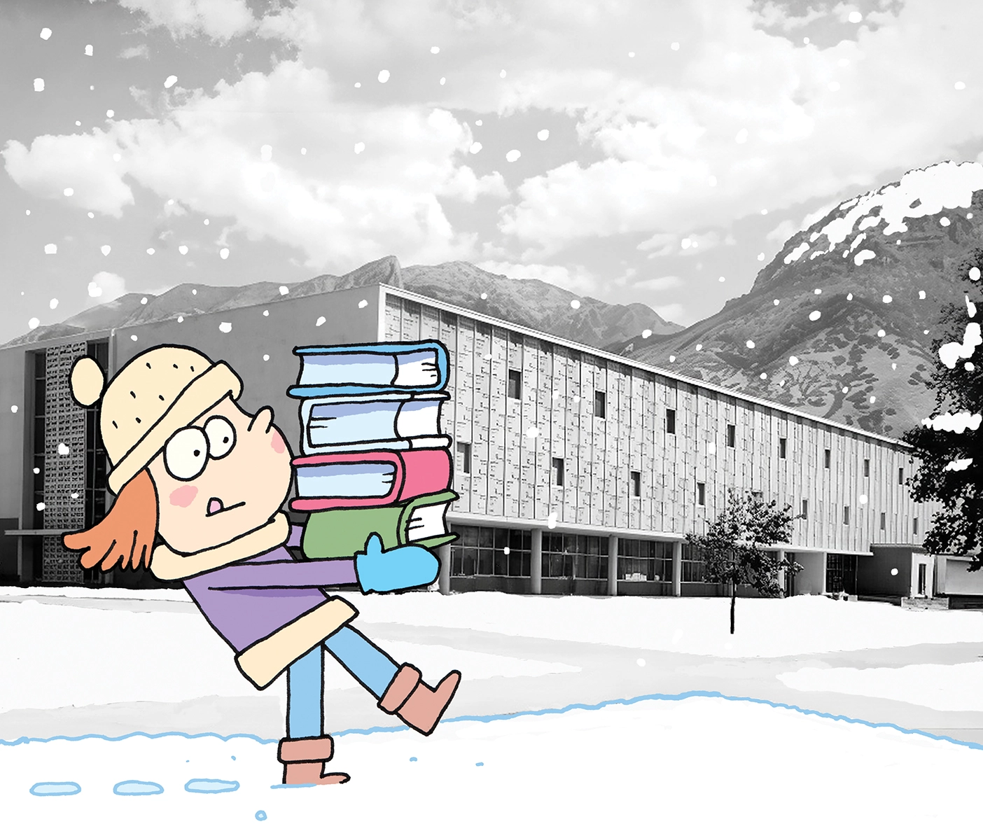 Cartoon of a girl carrying heavy books in front of the BYU library.
