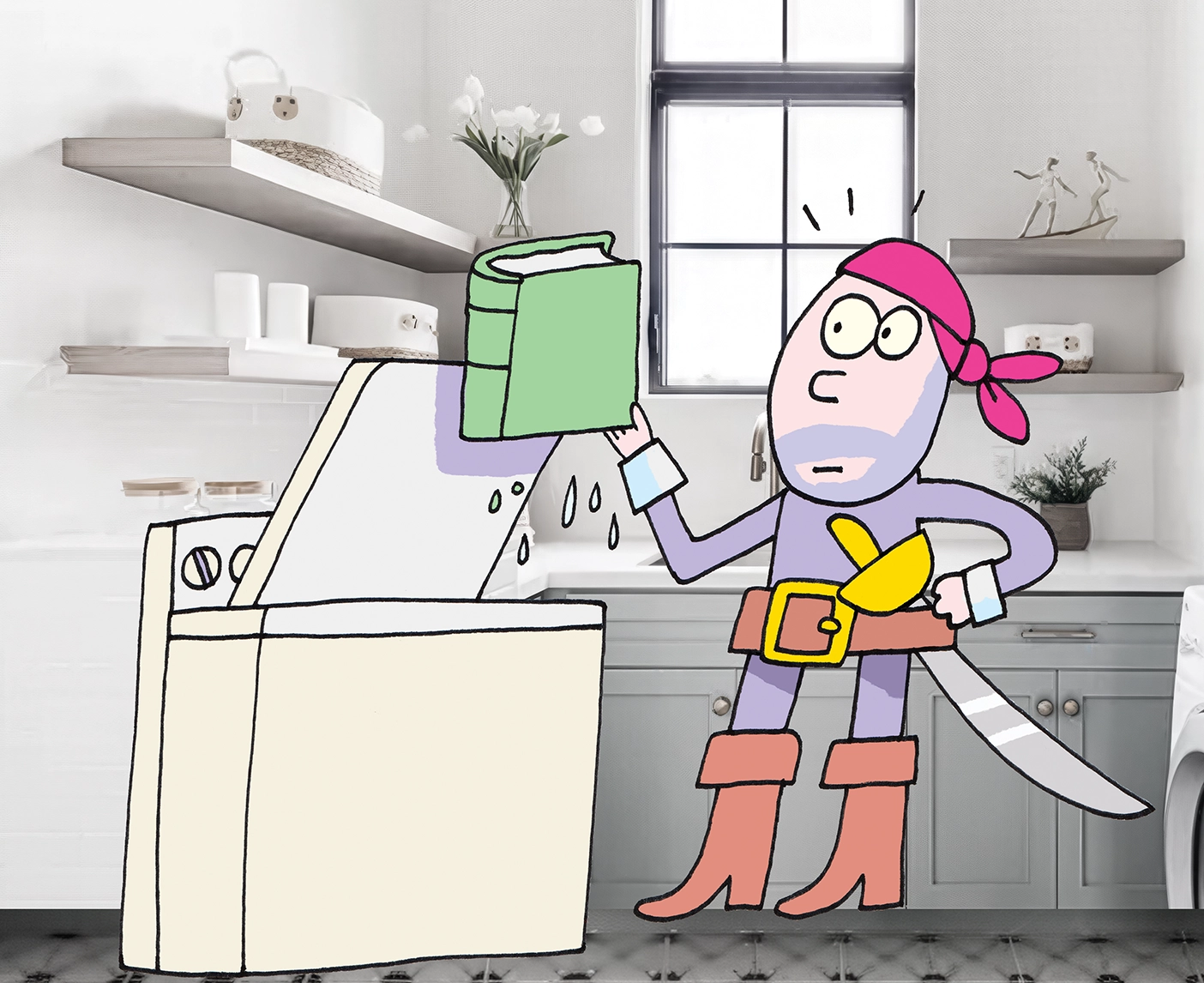 Cartoon of a pirate puling a wet book from a washing machine.