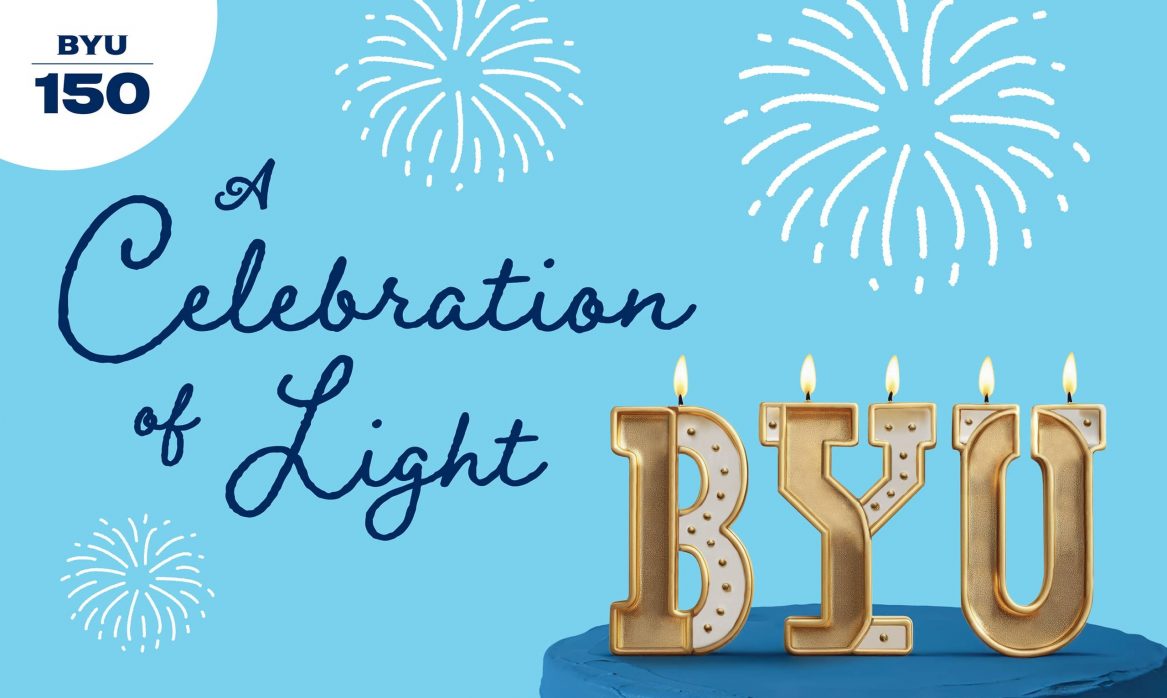 Article title: A Celebration of Light. A cake with navy blue frosting and candles in the shape of the letters "BYU."