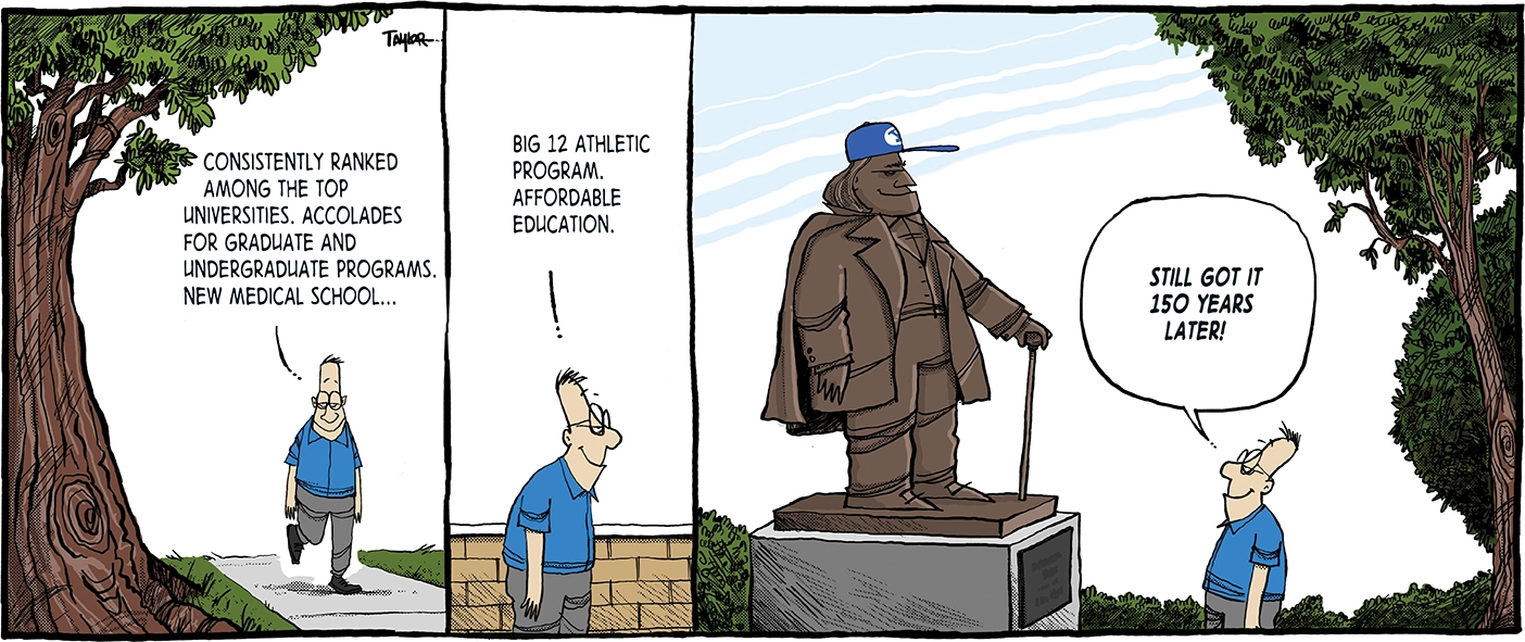 A man talks to himself about BYU's 150 years while walking towards a statue of Brigham Young.