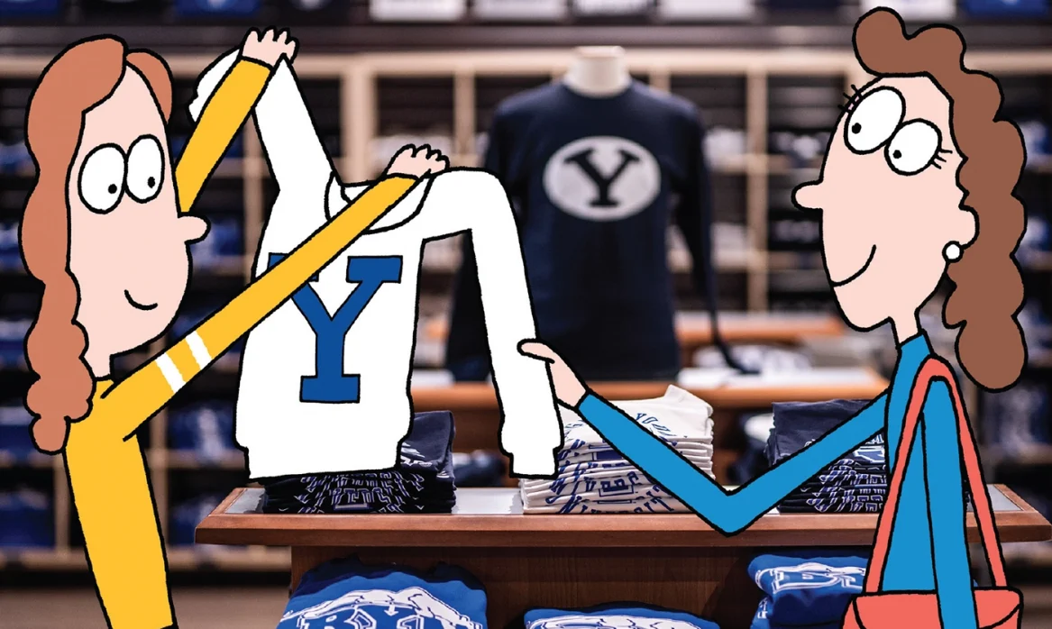 Two cartoon-style women shop for logo sweatshirts at the BYU Store.