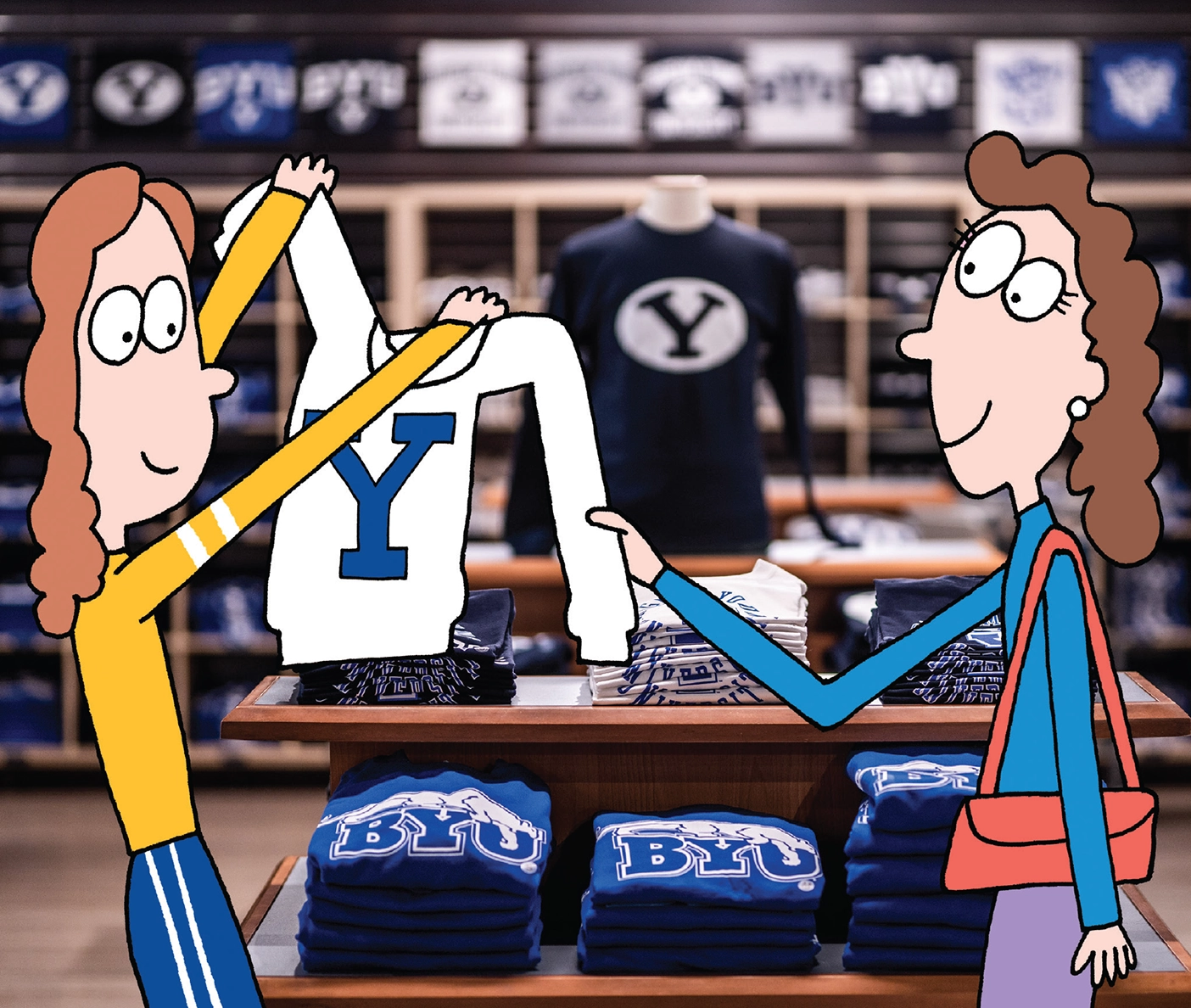 Two cartoon-style women shop for logo sweatshirts at the BYU Store.