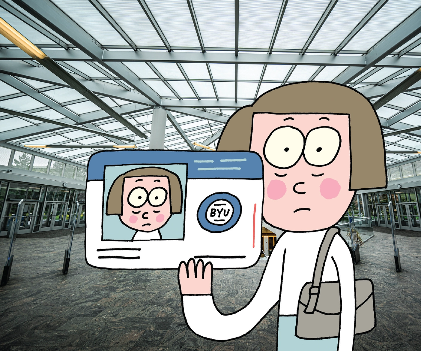 A woman holds a BYU ID in the library. She has dark circles under her eyes and flushed cheeks in real life and in her ID picture.