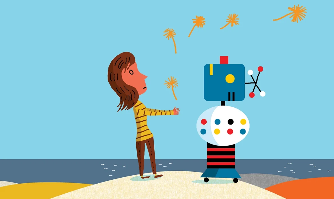 Illustration of a girl with floating dandelion puffs on a beach with a whimsical robot.