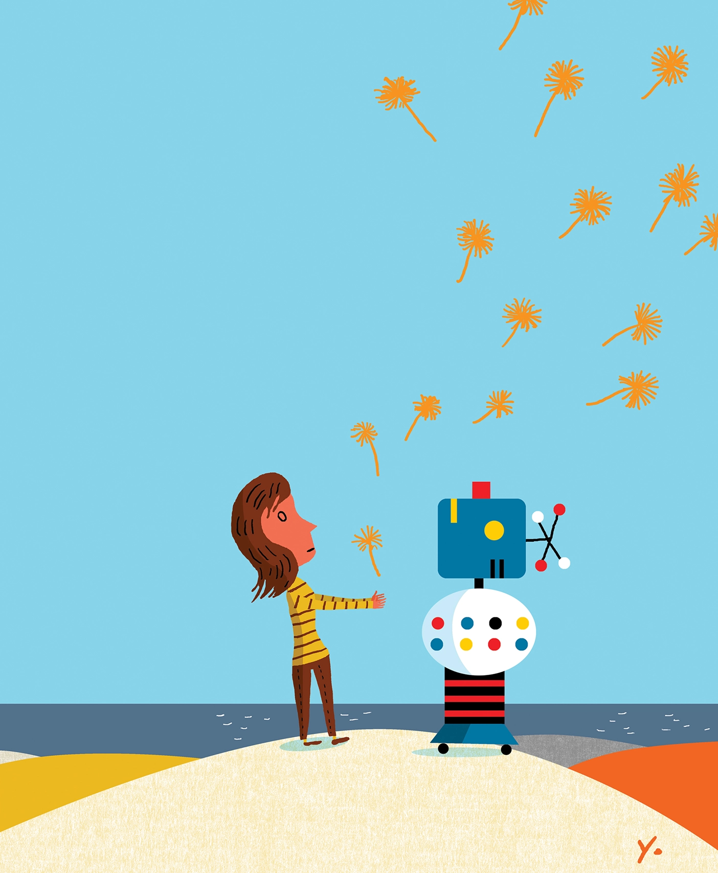 Illustration of a girl with dandelion puffs  on a beach with a whimsical robot
