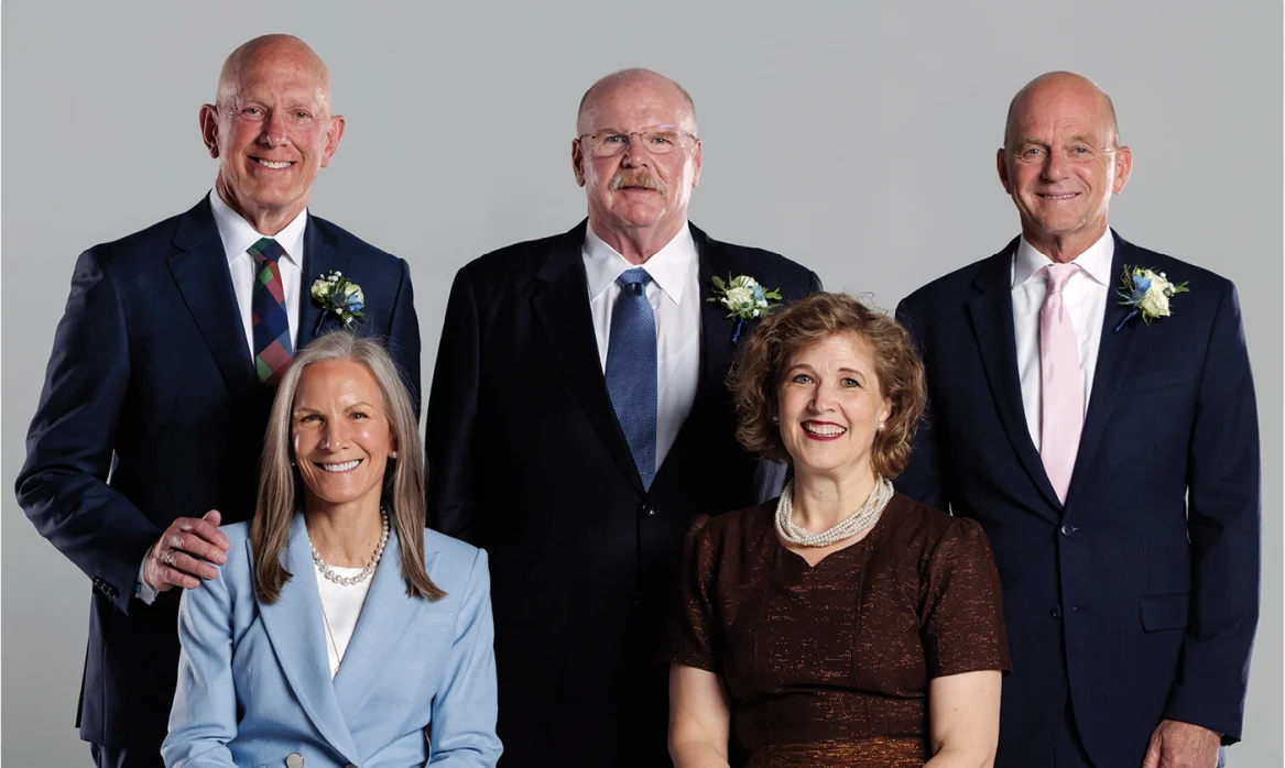 BYU Distinguished Alumni. From left: Riz and Marilyn Rizley, Andy Reid, Rebecca Rogers, and Rowdy Gaines. Photo by Jaren Wilkey.