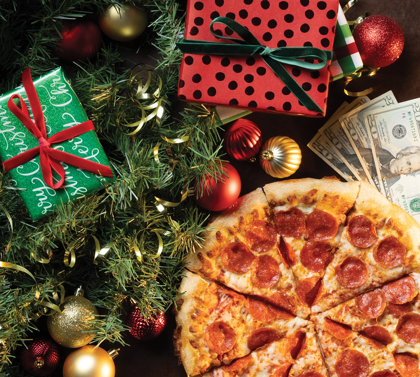 Giving Christmas gifts, cash, and pizza to others in need.