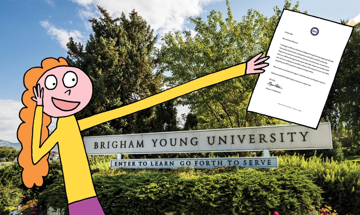 Illustration of a female BYU student holding an admissions letter by the BYU entrnace sign.