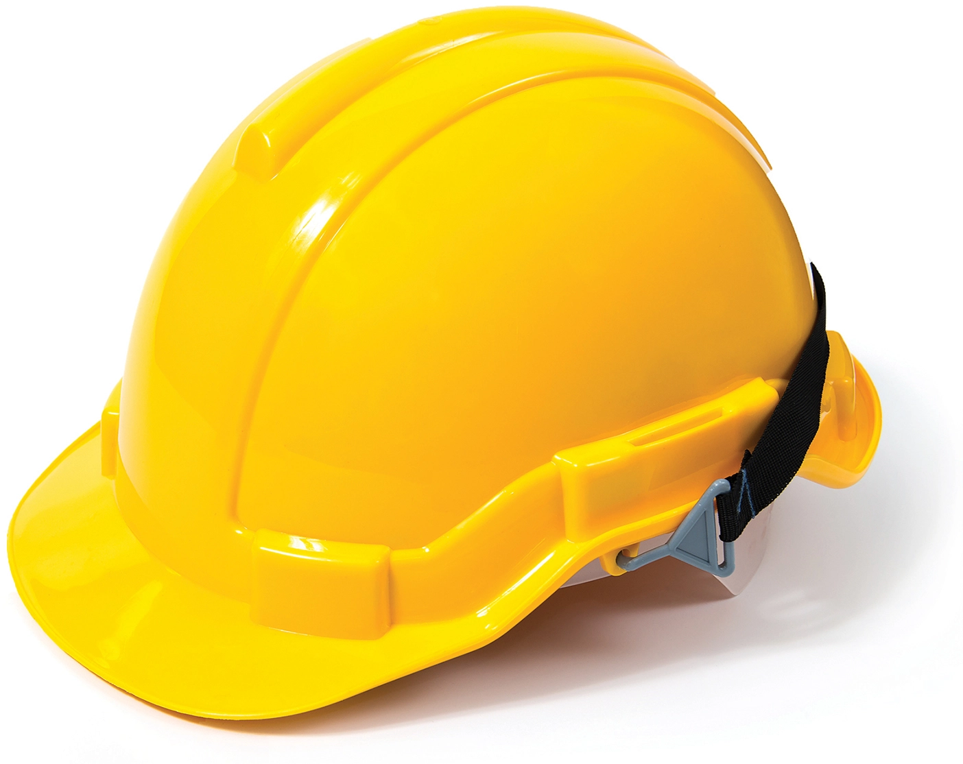 A bright yellow hard hat on a white background