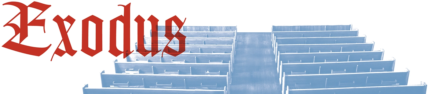 The word "Exodus" with an image of empty pews.