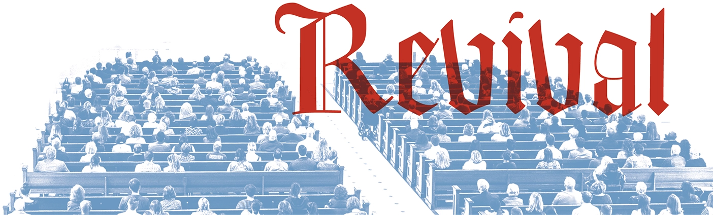 The word "Revival" with an image of people filling pews.